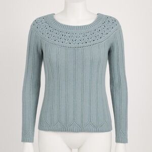 Ann Taylor LOFT Cashmere Wool Blue Cable Sweater M Long Sleeve Lace Cottagecore
